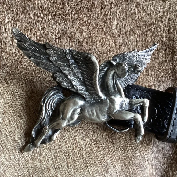 Vintage Bergamot Brass Works Pegasus Belt Buckle Tooled Black Leather Belt